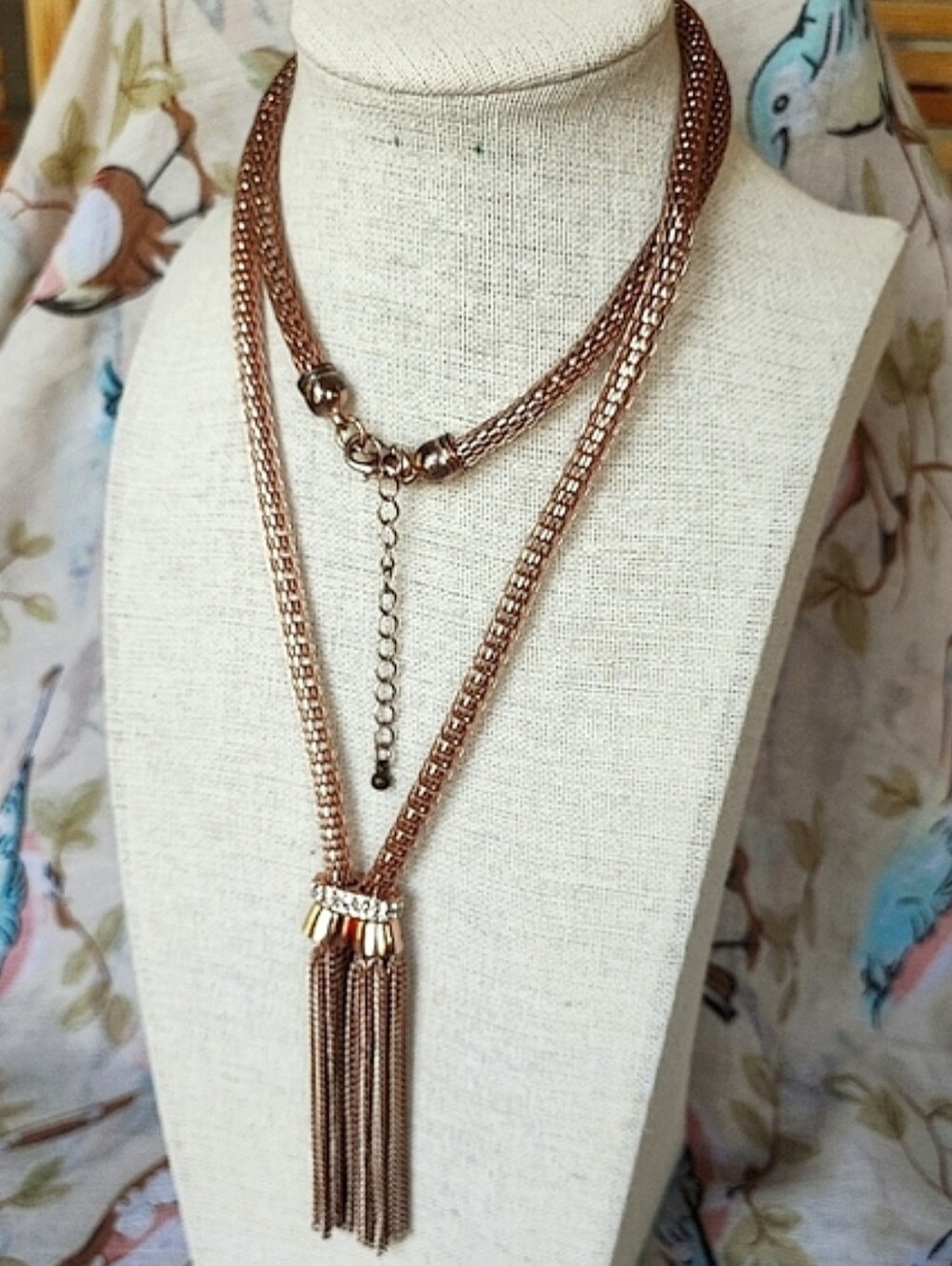 Rose Gold Tone Long Mesh Hollow Tube Chain Slide Dual Tassels Vintage Necklace